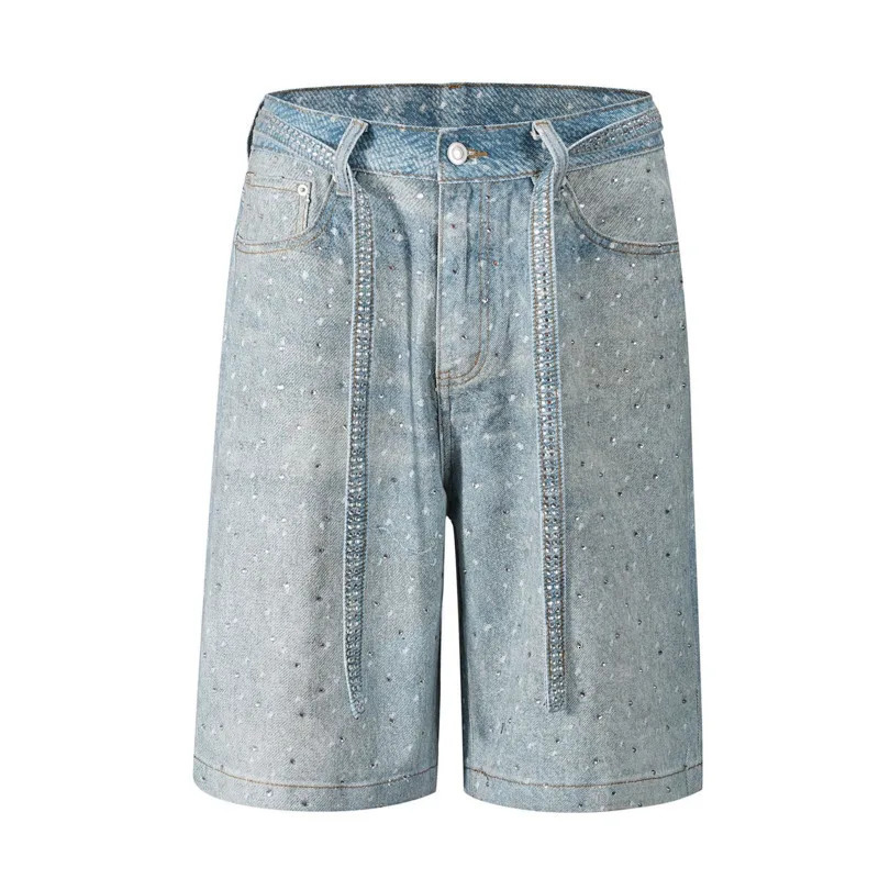 PFNW American High Street Heat-melting Rhinestone Denim Shorts Mens Loose Straight Knee Length Pants Belt Jeans 28W6067 250219