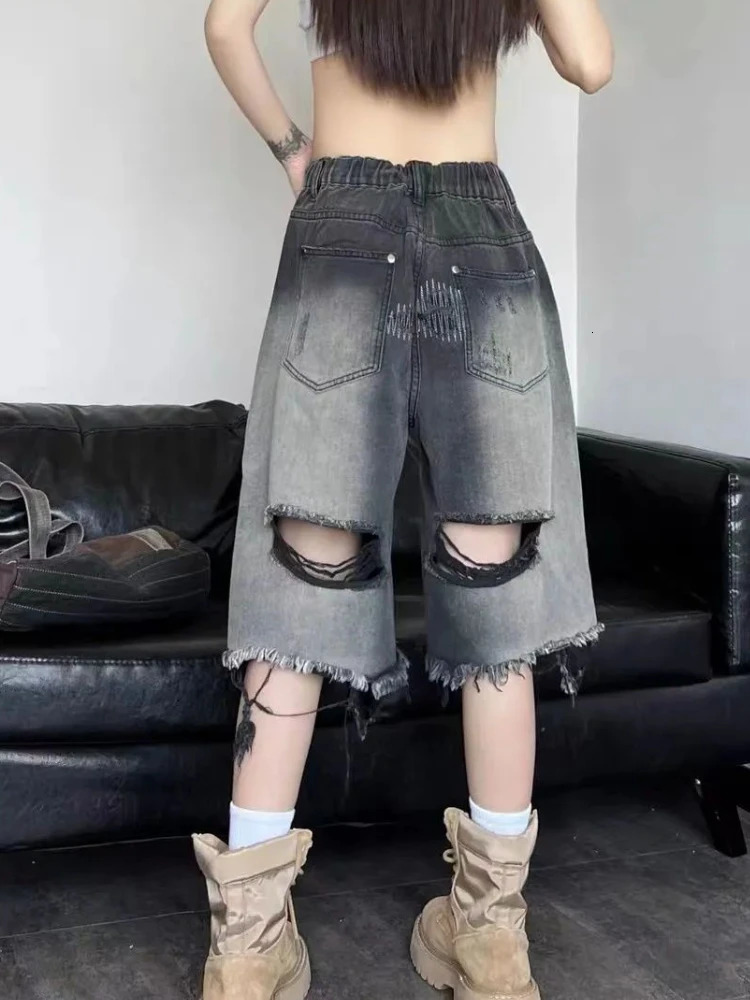 S-4XL Womens Denim Shorts Gradient Distressed Hollow Summer Daily Korean Fashion Basic 250219