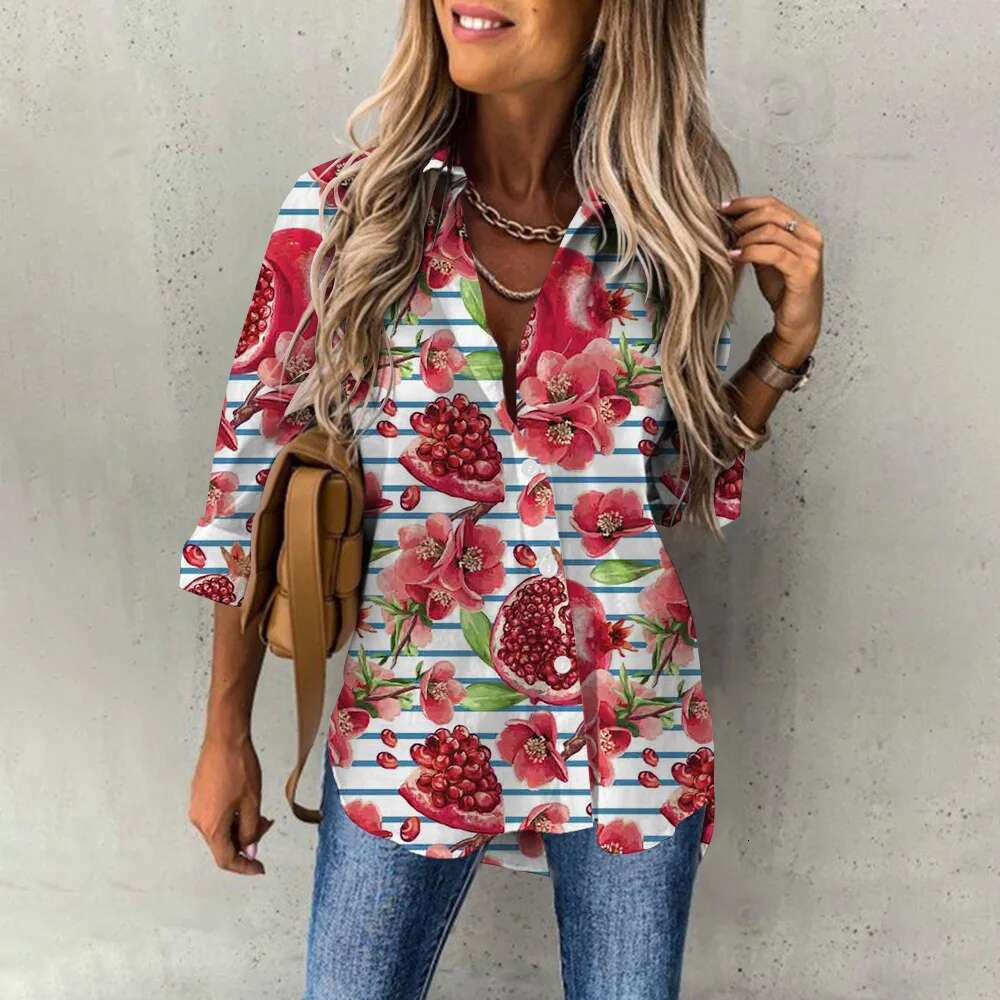 Summer Women's Hawaiian Shirts Hawaii Beach Print Fashion Resort Clothes Polo Collar Long Sleeve Blouse Tops Spring Plus Sizes