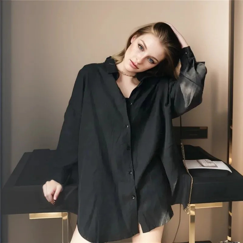 Spring In Minimalist Full Sleeve Women White Basic Shirt Korea Style Button Up Pocket Oversize Woman Blouse Clothing 250219