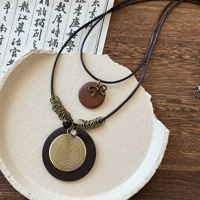 Pendant Necklaces Forest style ethnic wooden pendant necklace for women bohemian style multi-layered layered vacation style long necklace H25219