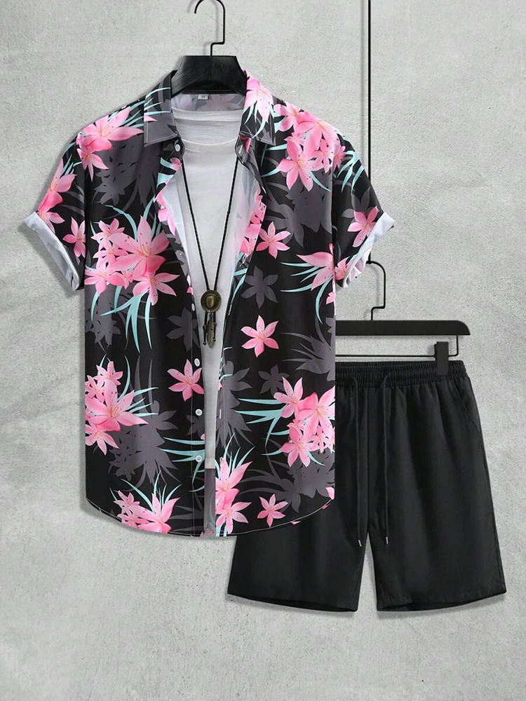 Hawaiian Coconut Tree Print Mens Shirt Summer Short Sleeve Tops Beach Shorts 2 Piece Sets Casual Vacation Style Outfit Clothing 250220