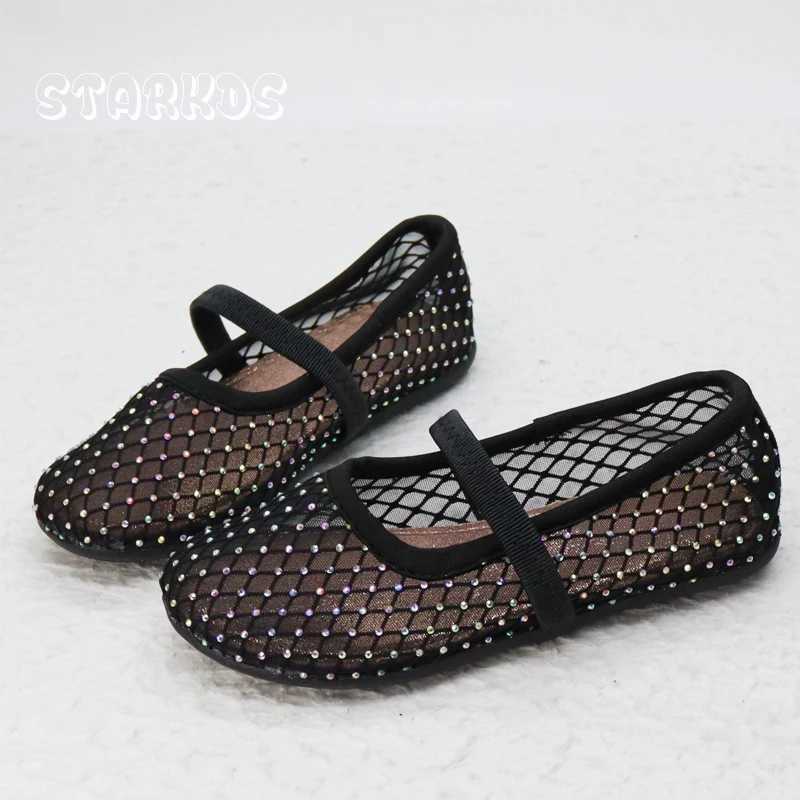 Luxury Lace Mesh Ballet Flat Kid Girls Elegant Brand Design Rhinestones Covered Fishnet Ballerina Shoes Children Dress Shoes X2502201