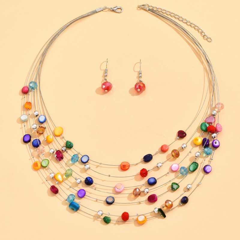 Pendant Necklaces Bohemian Beach Crystal Shell Ethnic Style Multi layer Necklace Earring Set Neck Chain H25219