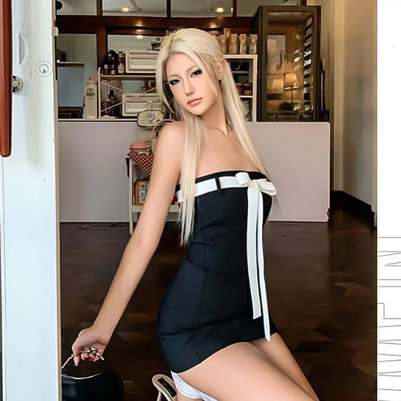 Vintage Sleeveless Off Shoulder Bowknot Tube Tops Strapless Tie Up A-line Short Dress Womens Spring Summer Black Mini Dress 250219