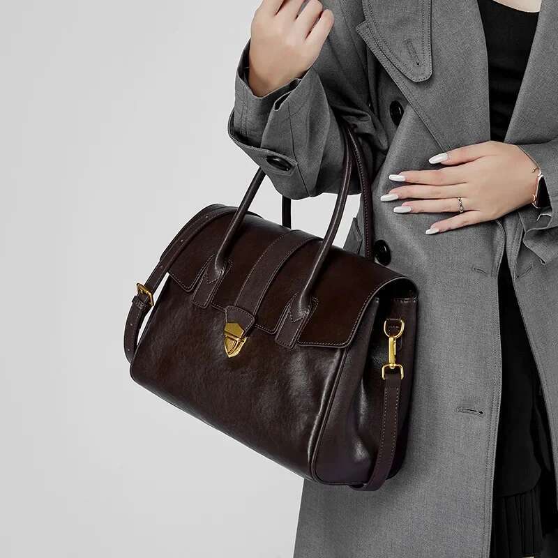 Hot Sale Vintage Vegetable Tanned Cowhide Leather Handbag Business Travel Cover Tote Women Briefcase Large Shoulder Bag