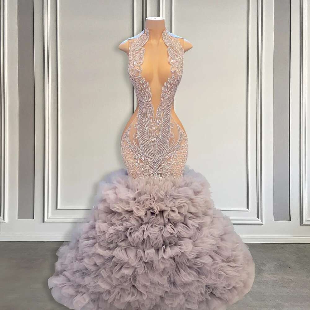 Puffy Layered Pleated Silver Long Black Gown Girls Crystal Rhinestone See Through Mermaid Custom Ball Gowns prom