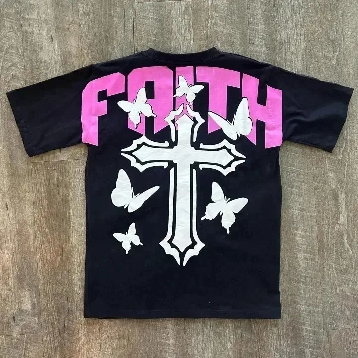 Streetwear T Shirt Y2K Hip Hop Letter Retro Cross Graphic Print Oversized Tshirt Mens Round Neck Cotton Short Sleeve Tops 250213