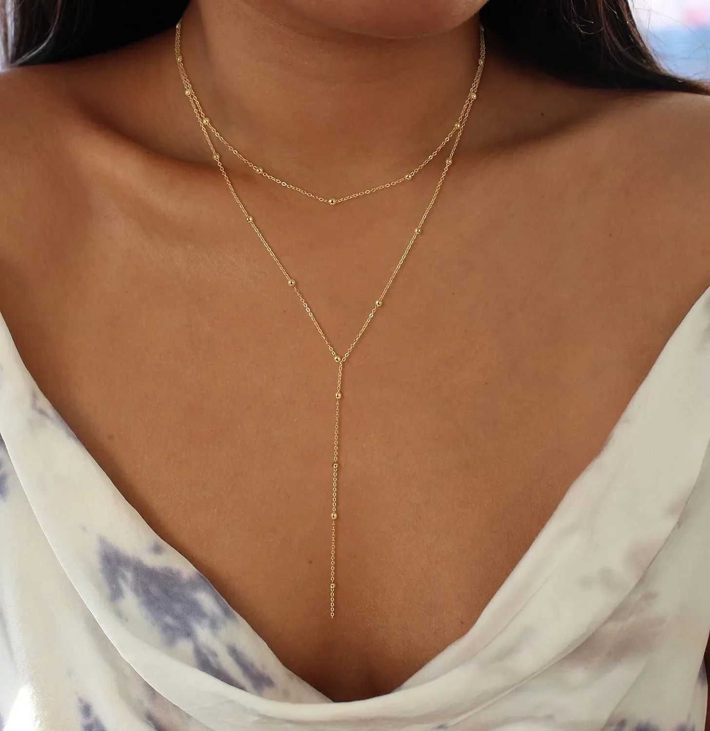 Gold Necklace for Women 14k Gold Plated/Silver Y-Shed Pendant Necklace Layered Beaded Chain Drop Necklaces For Women GiftXJ250219