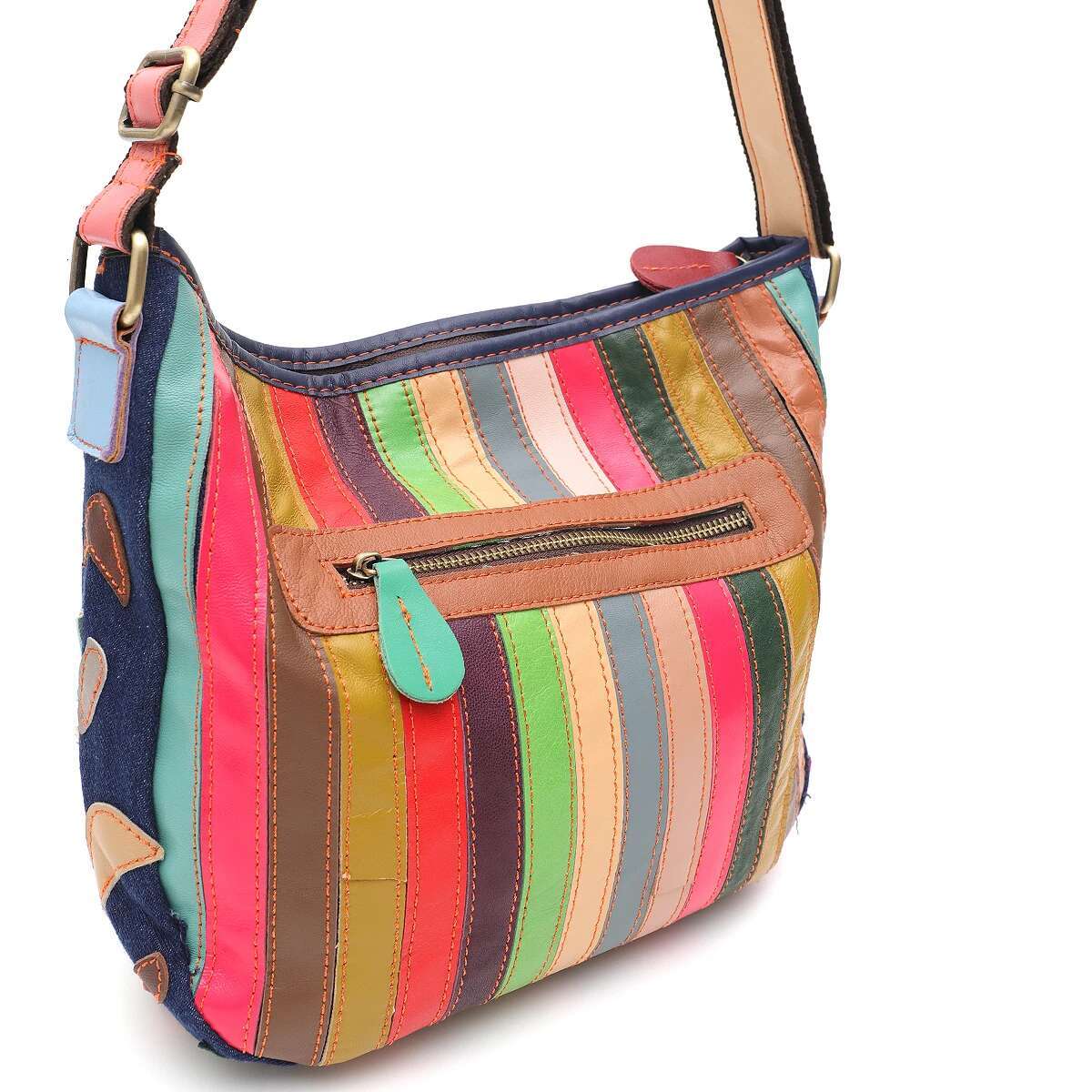 SC Random Colorful Leather Patchwork Canvas Shoulder Bag For Women Multi Pockets Cross Body Handbag Vintage Casual Daily