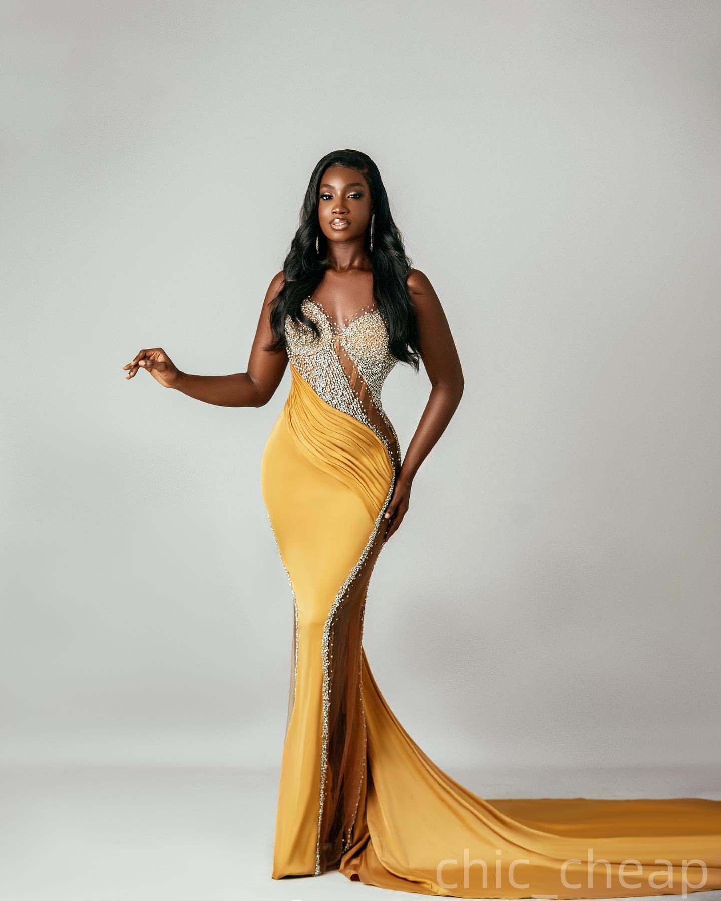 Yellow Illusion Mermaid Prom Dresses 2025 Satin Beaded Sheer Neck Evening Formal Party Second Birthday Engagement Gowns Plus Size Dress For Special Oc