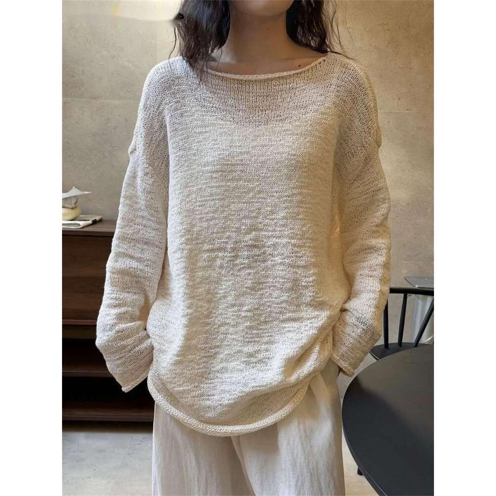 2025 Spring Lazy Collarless Curled Edge Shaped Sweater Women Lightweight Texture Knitting Top Pink/White