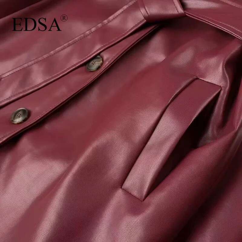 EDSA Women Faux Leather Jacket Coat With Belt For Autumn Winter Loose Long Windbreaker Trench Vintage Outerwear