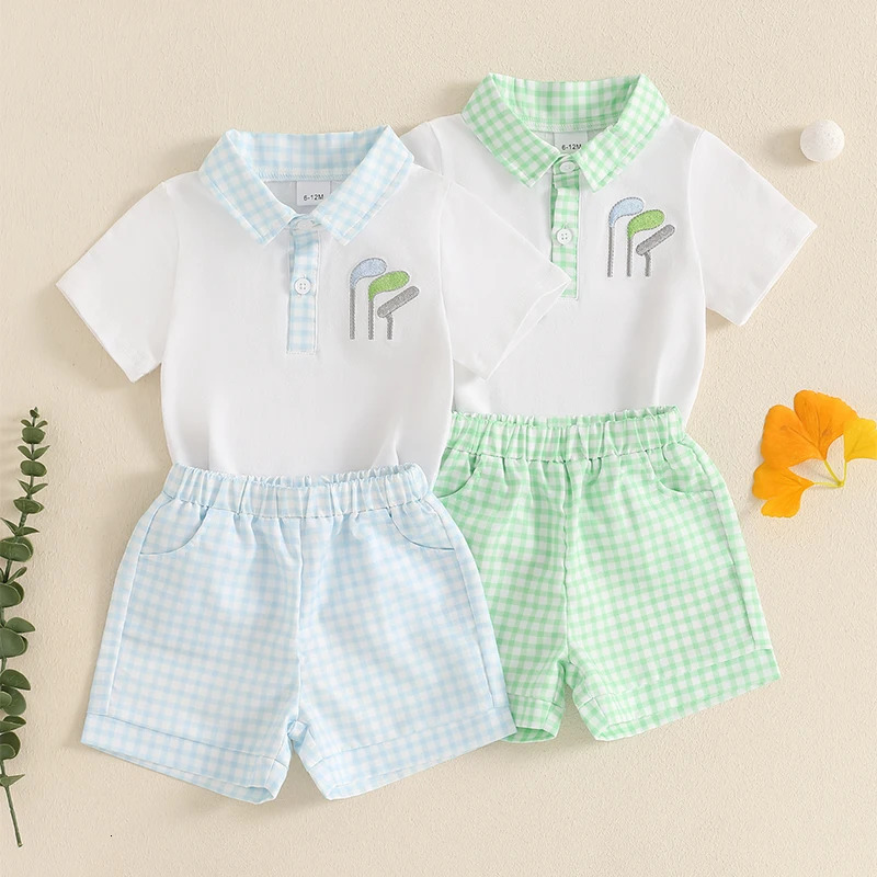 Kids Baby Boy Summer 2 Piece Sets Golf Club Embroidery Short Sleeve Half Button-up Tops Plaid Shorts Toddlers Casual Outfits 250220