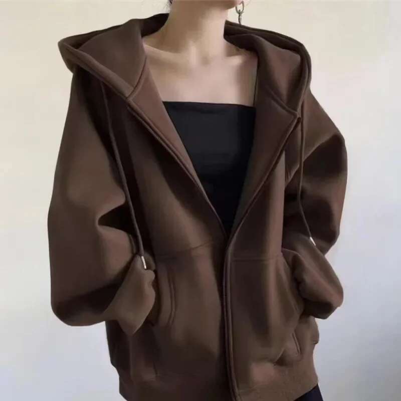 Fashion Women's Oversize Hooded Cardigan Thin Jacket Loose Comfortable Autumn Zip Up Top New Arrival Casual Style