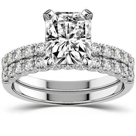 AAA Gems 14K White Gold Ring Emerald/Radiant/Cushion/Pear/Heart Moissanite Ring 4-Prong Semi-Eternity Wedding Set Ring