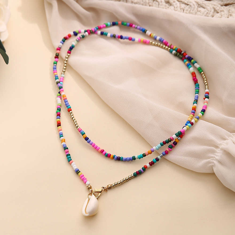 Pendant Necklaces Jewelry Bohemian Colorful Rice Beads Necklace Colorful Shell Pendant Necklace Chain Female H25219