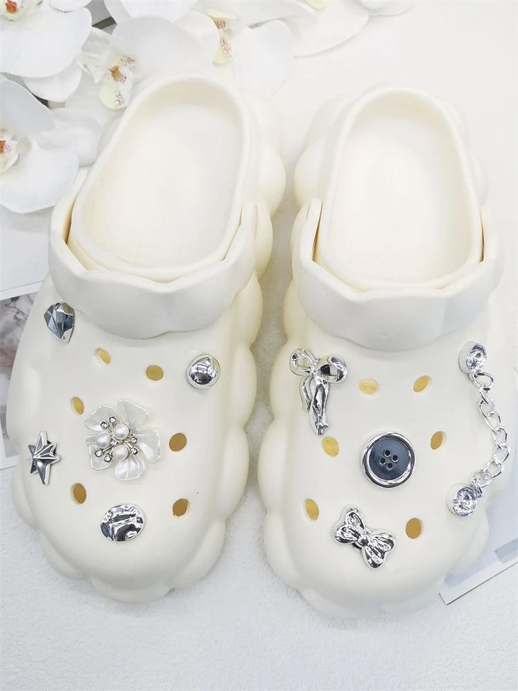 9PCS Shoe Charms ABS Decorations Accessories DIY Clog Buckle Shoes Silvery Bow Chain Ornaments For Lady Bubble Slides 250219