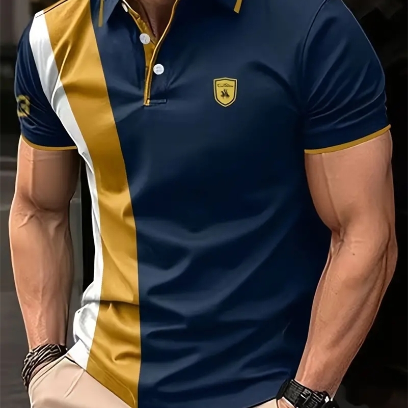Summer Mens 3D Printing Splicing Stripe Lapel POLO Shirt Casual Comfortable Stretch Golf Sports Short Sleeve Top 250219