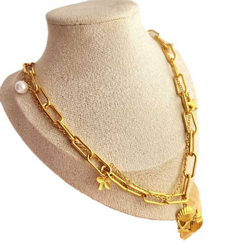 Pendant Necklaces Summer New Double layered Ocean Pendant Necklace Stainless Steel Plated 18K Gold Shell Conch Beach Jewelry H25219