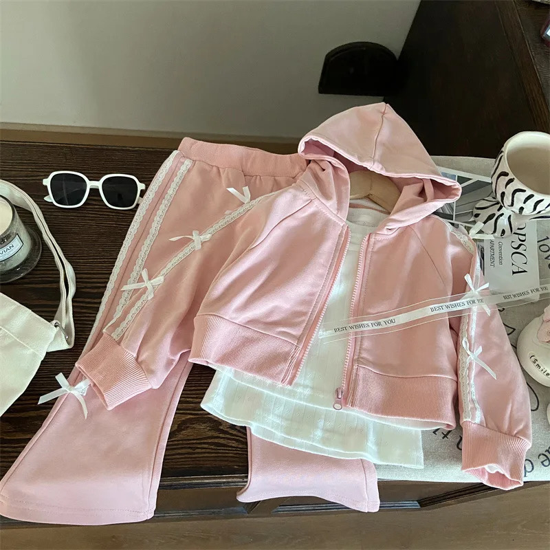 Korean Childrens Spring Girls Two-piece Set Bow Hooded Sweatshirt Jacket Lace Flared Pants Suit Toddler Girl Outfits 250219