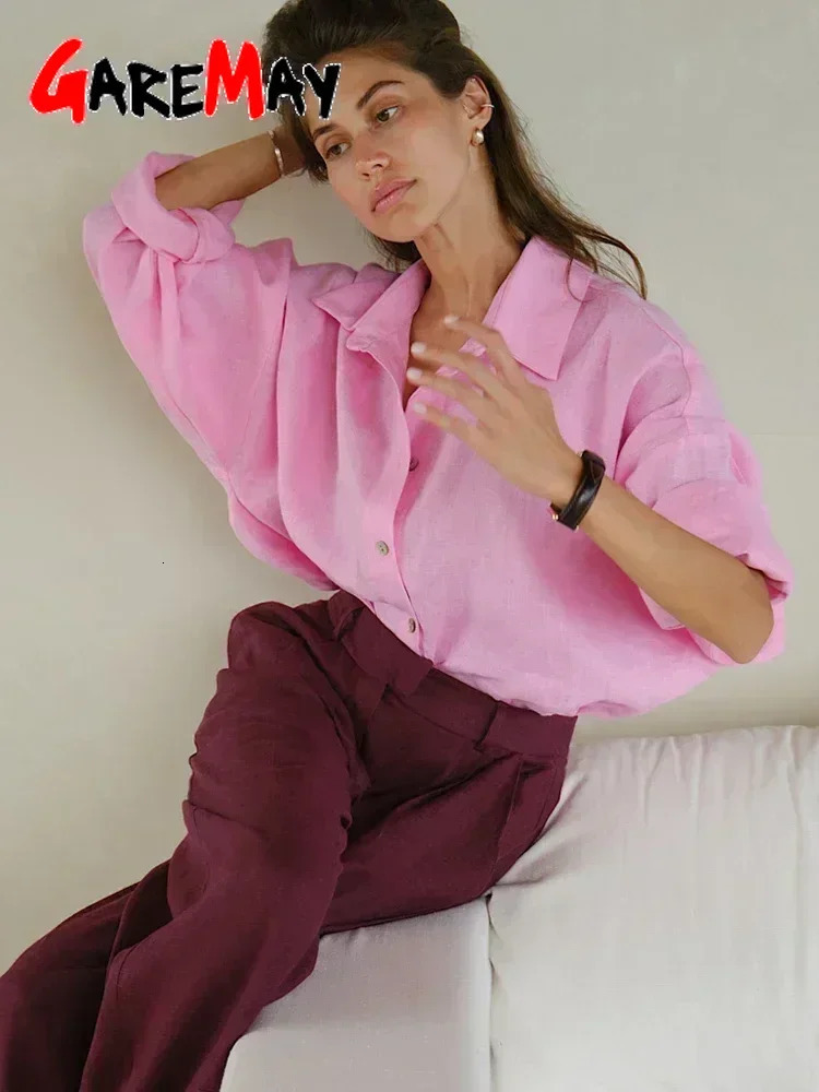 White Womens Linen Shirt Long Sleeve Elegant Pink Oversize Blouse Vintage Spring Basic Top Collar Cotton for Women 250219