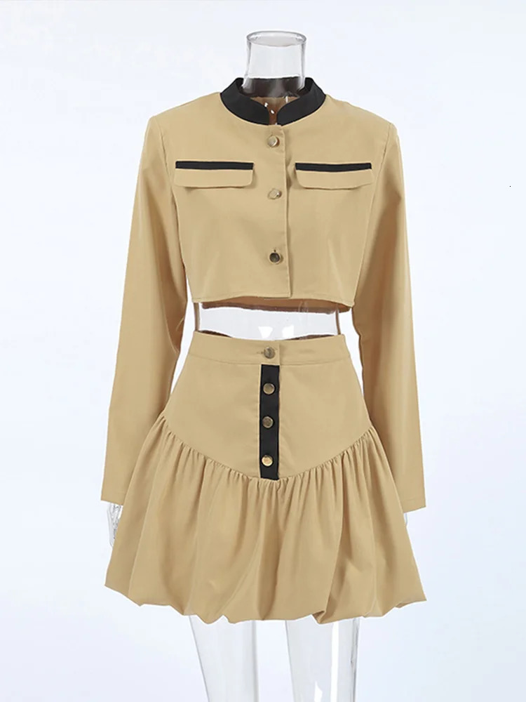 Elegant jacket set for women sexy button up long sleeved jacket pleated high waisted womens skiing suit autumn womens clothing 250220