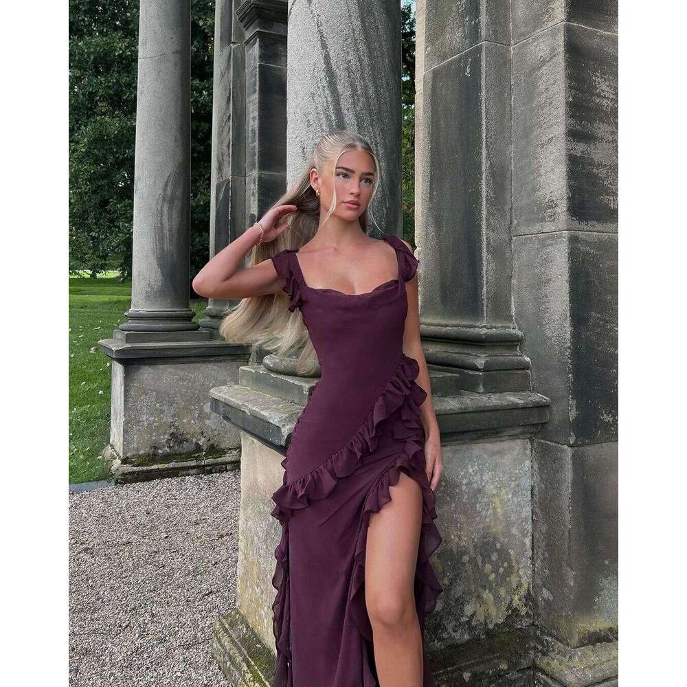 European American style sexy hot girl summer women's dress with suspender, square neck, fungus edge, side slit, solid color dress, 2025 new style