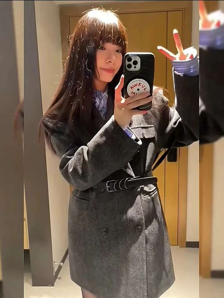 Fashion Gray Faux Fur Suit Coat Women Y2k Winter Thick Warm Double-Breasted Jackets Female Korean Streetwear All-Match Outwear