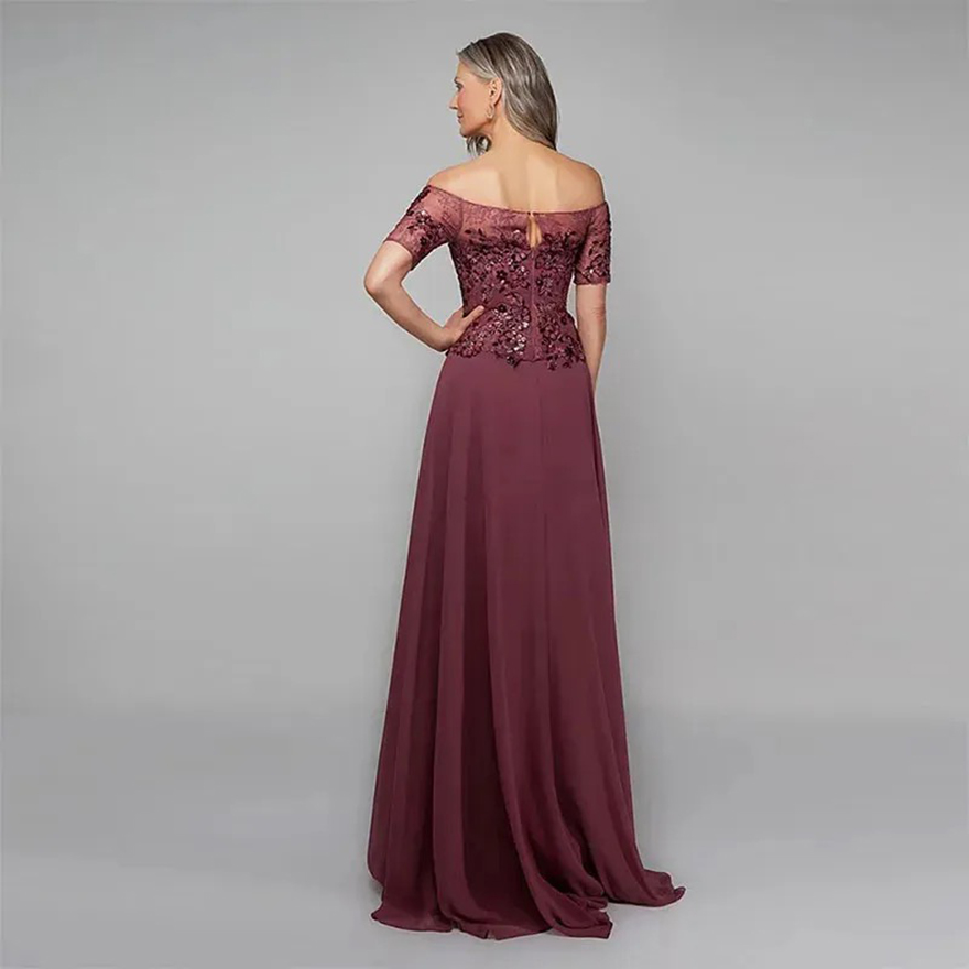 Elegant Long Chiffon Mother Of The Bride Dresses Short Sleeves Lace Appliques Off The Shoulder Wedding Guest Dress Burgundy Formal Party Gown For Wome