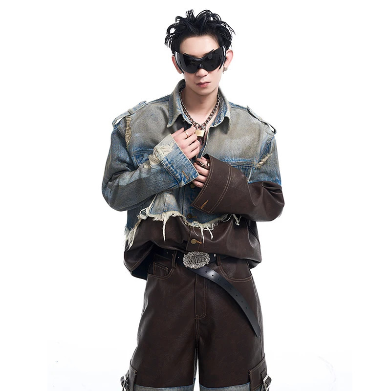FEWQ American Patchwork Mens Denim Jacket Autumn Dirty Vintage Single Breast Contrast Color Male Sets Loose 24E2530 250220