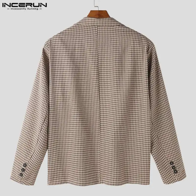 INCERUN Mens Plaid Blazer Lapel Long Sleeve Button Casual Suits Mens Spring Streetwear Elegant Fashion Leisure Coats S-5XL 250220