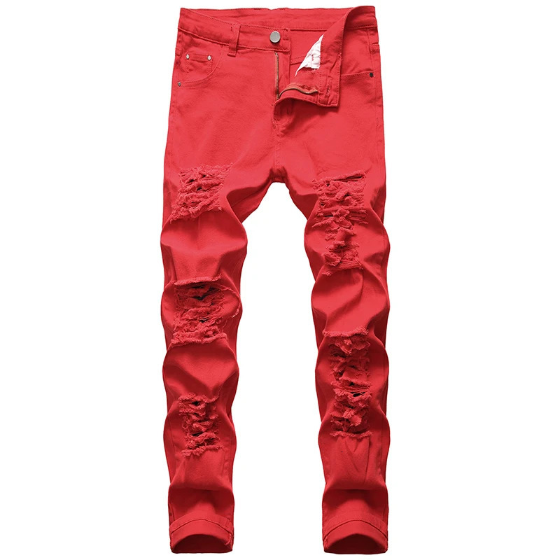 Jeans Straight Motorcycle Beggar Pants Large Size European Hole White Red Black And American Mens Denim 250219