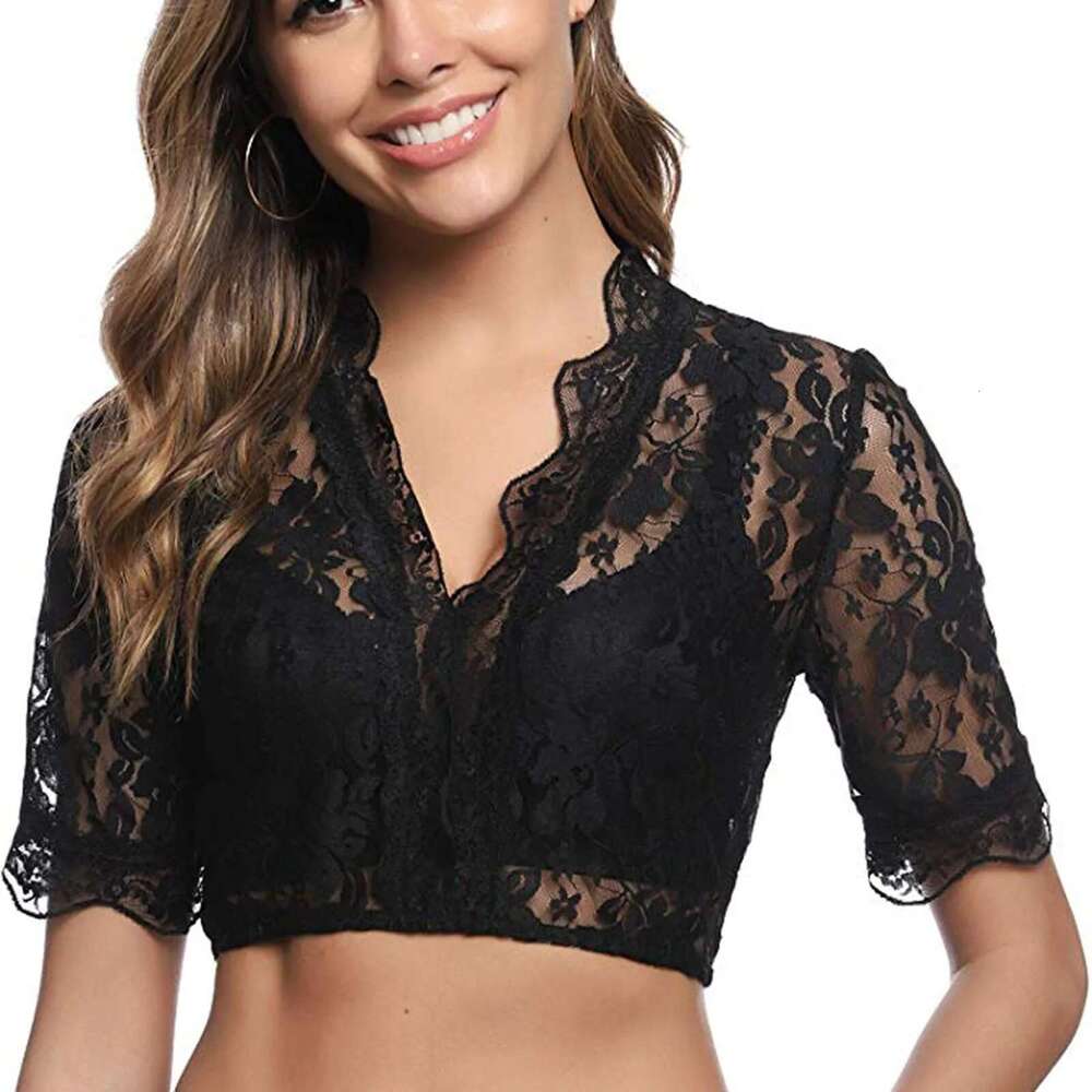 German Oktoberfest Blouse Lace Ral Traditional Bavarian Beer Wrap Crop Top Short Sleeve V-Neck Dirndl Costumes Gerie