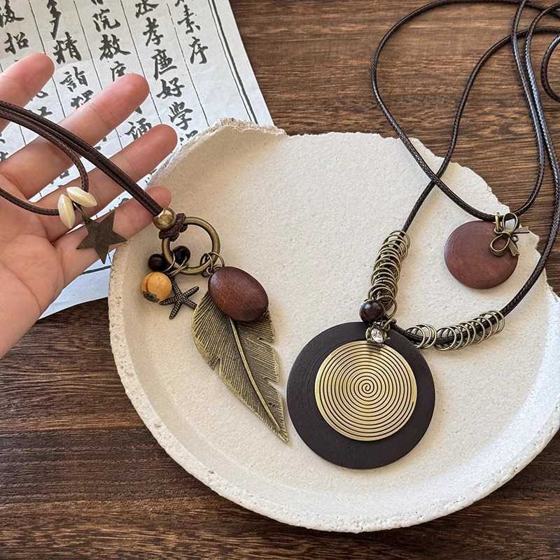 Pendant Necklaces Forest style ethnic wooden pendant necklace for women bohemian style multi-layered layered vacation style long necklace H25219