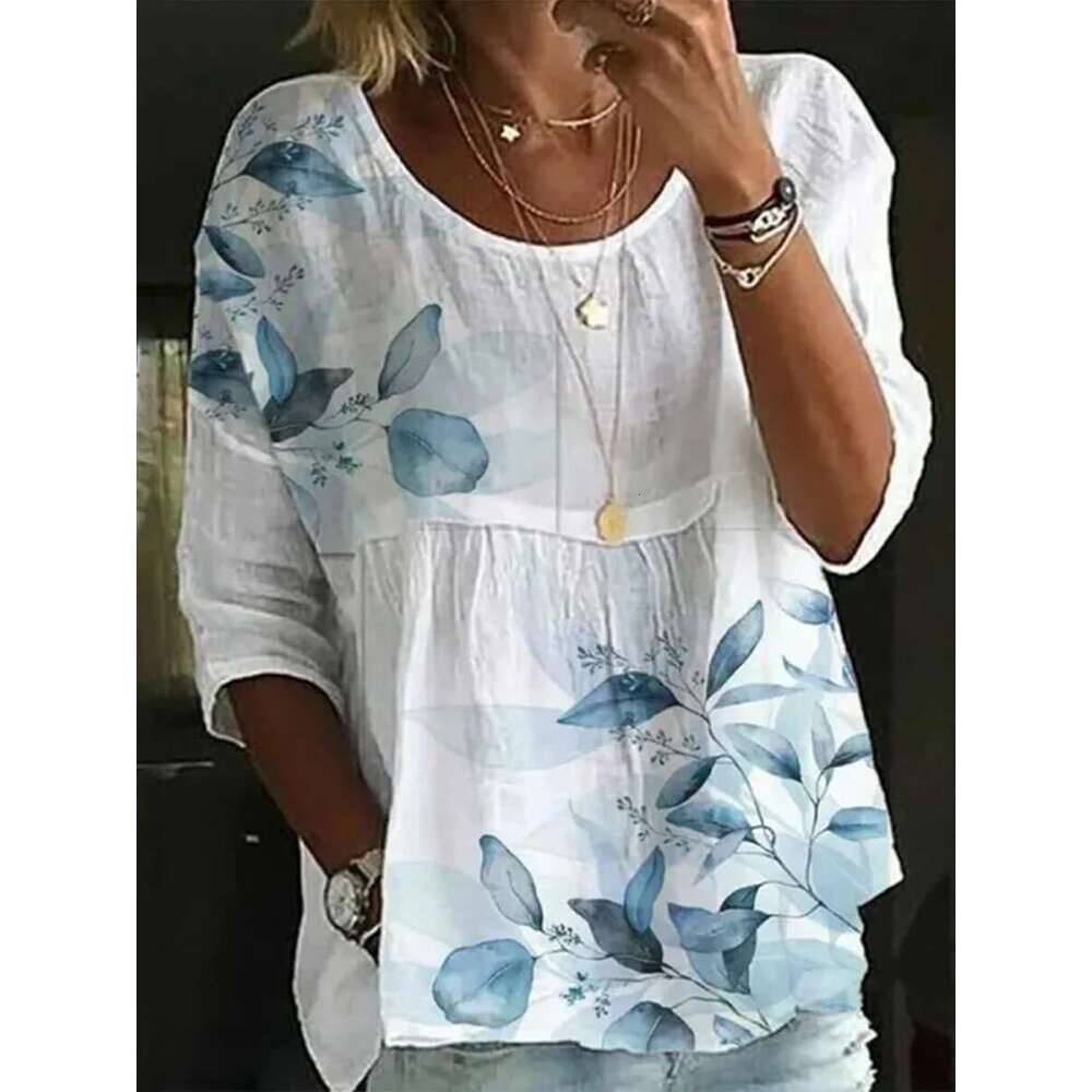 Fashion Loose Elegant Round-Neck Printed Casual Woman Shirt Holiday Weekend Top