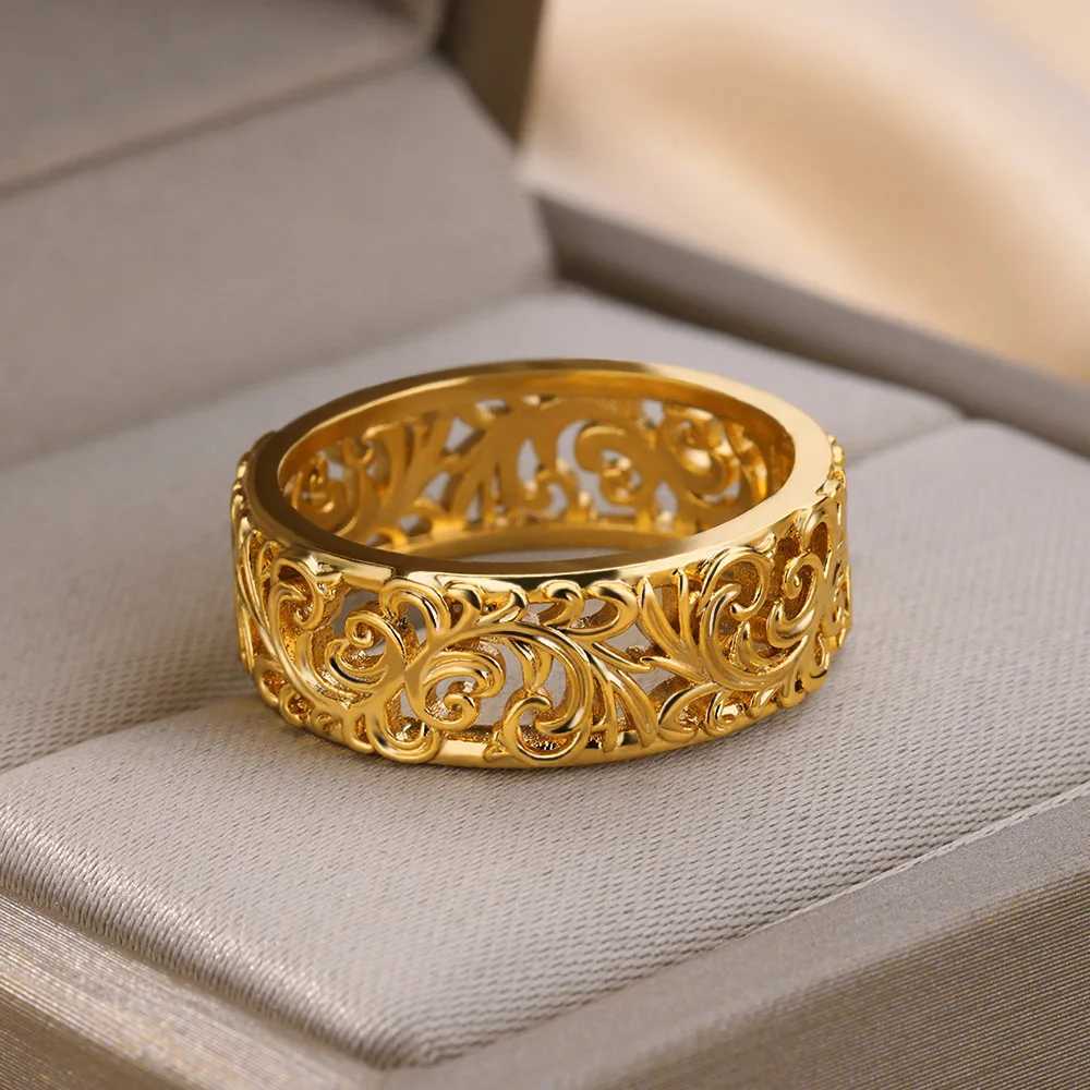 Hollow Flower Rings For Wen Gold Color Stainless Steel Ring Fem Engagement Wedding Party Finger Jewelry Gift 2024 Trend X250220