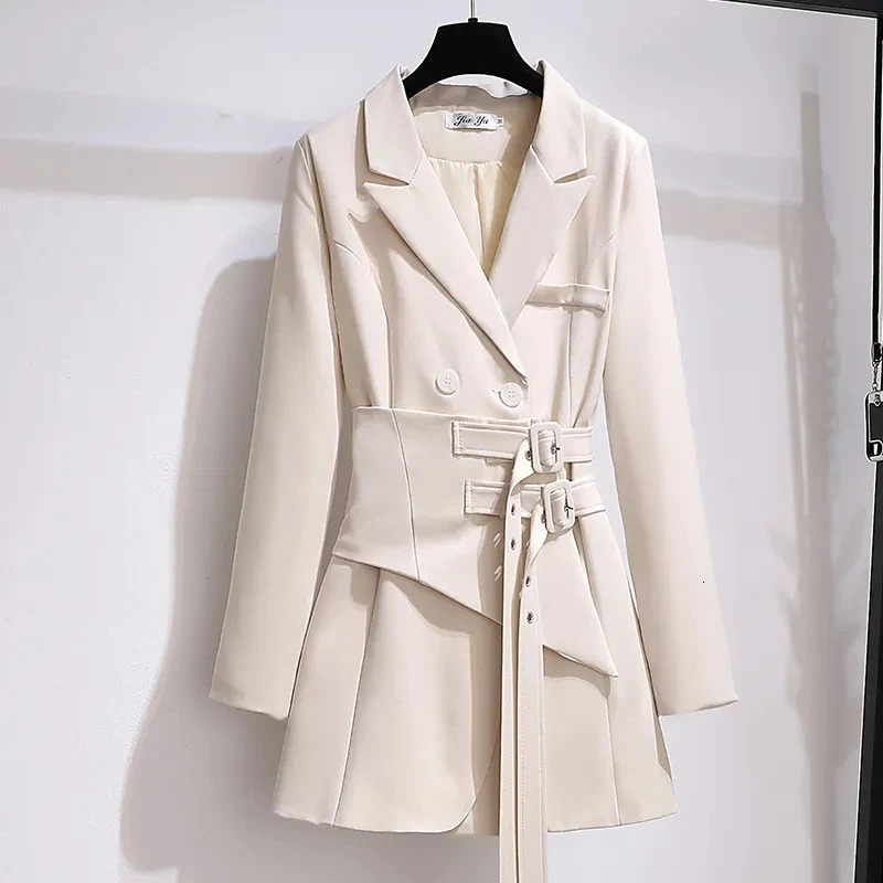 Women Blazer Autumn Clothing Belt Coats Long Sleeve Jacket Irregular Suit Dress for OL Solid Femme 250213