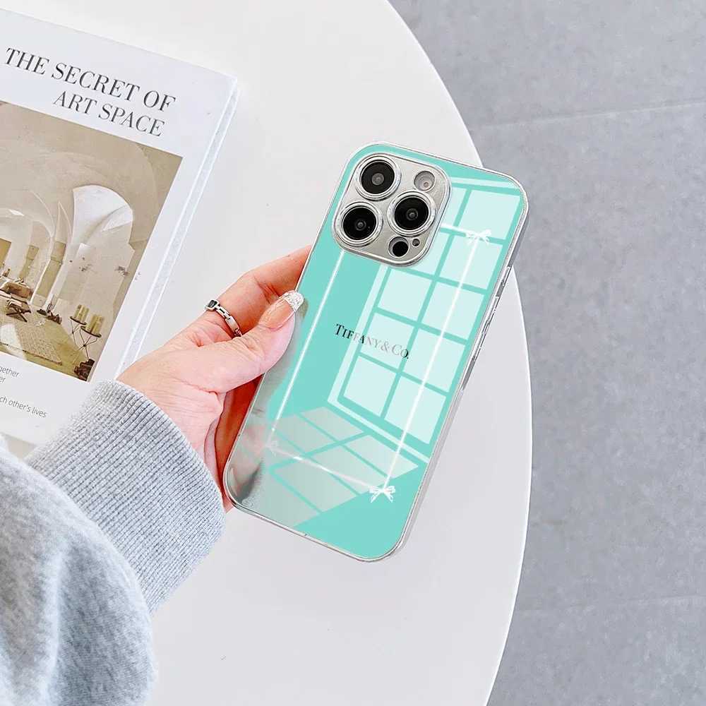 Fashion Blue Phone Case for IPhone 16 15 14 13 12 Mini 11 Pro XS Max XR X 8 7 6 Plus Luxury Tempered Glass T-Tiffany Z250220
