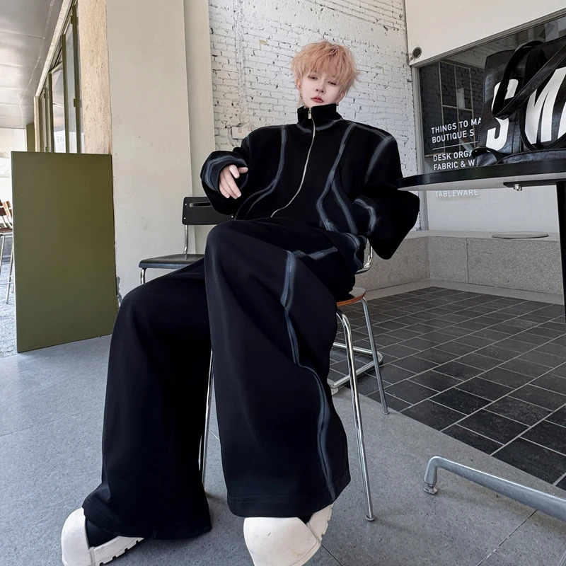 PFNW American High Street Hand-painted Depicted Shoulder Padded Sweatshirt Wide-leg Pants Spring Two Pieces Set 28W6027 250220