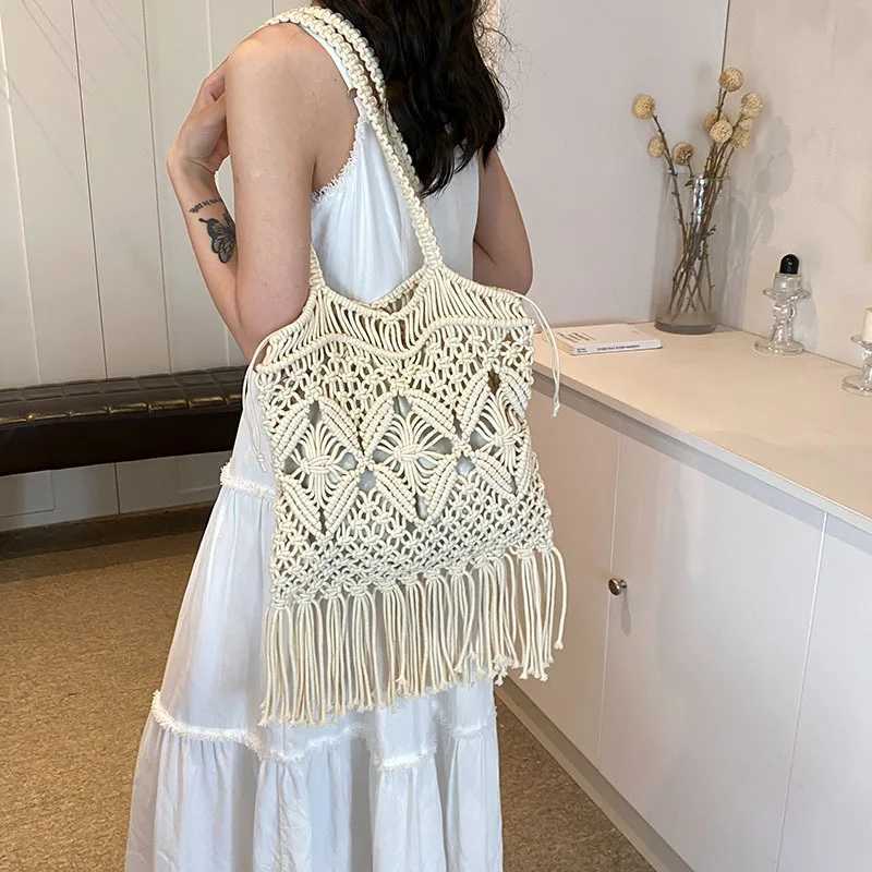 Summer beach bag womens mesh rope knitted bucket shoulder bag mesh hollow travel shopping bag womens fashion handbag Z250219