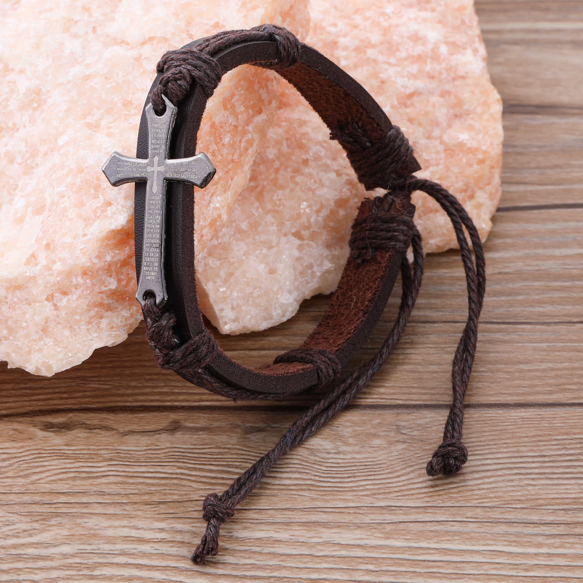 Charm Bracelets Fashion Accessories Cross Alloy Bracelet Leather Hand Woven Mens Bracelet H25220 2 ONJR
