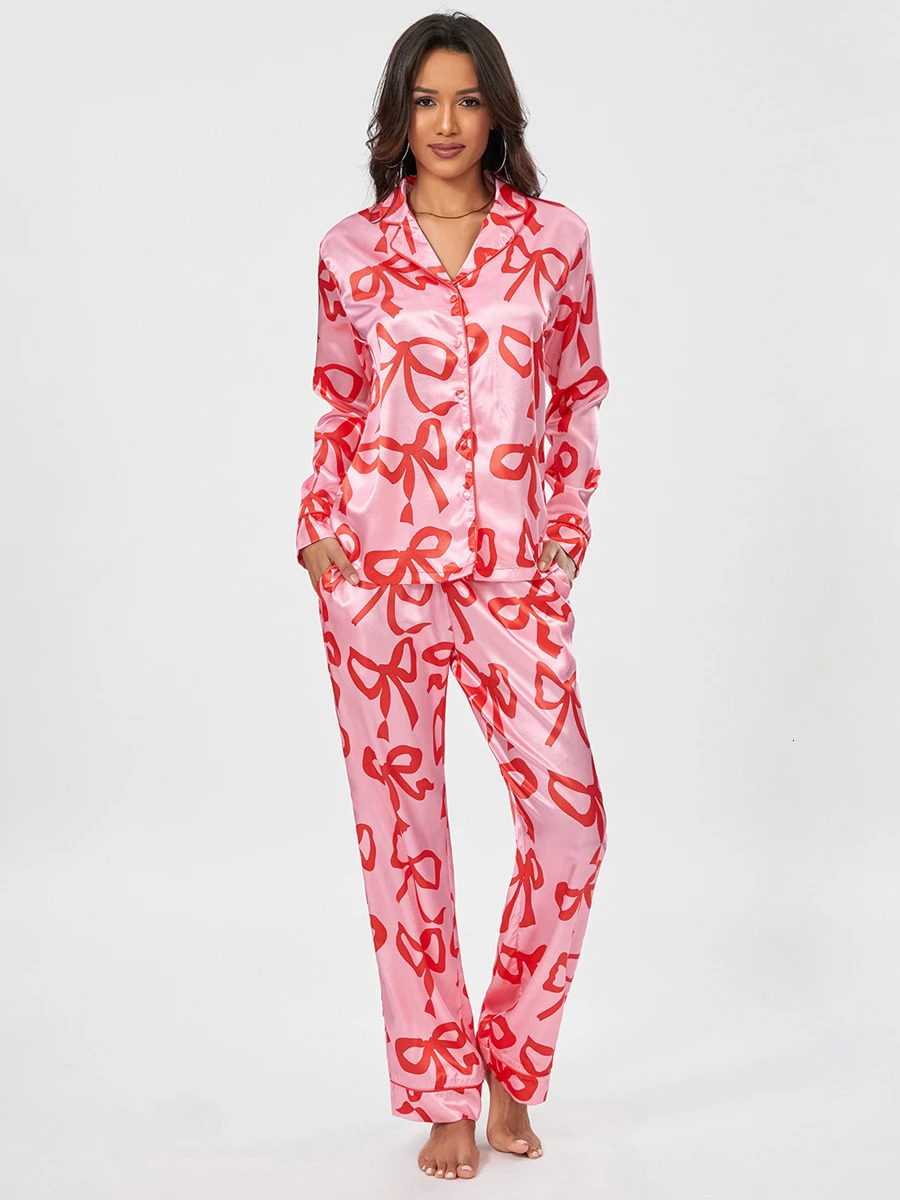 Womens 2-piece long sleeved lapel button top bow printed pants pama set 250219