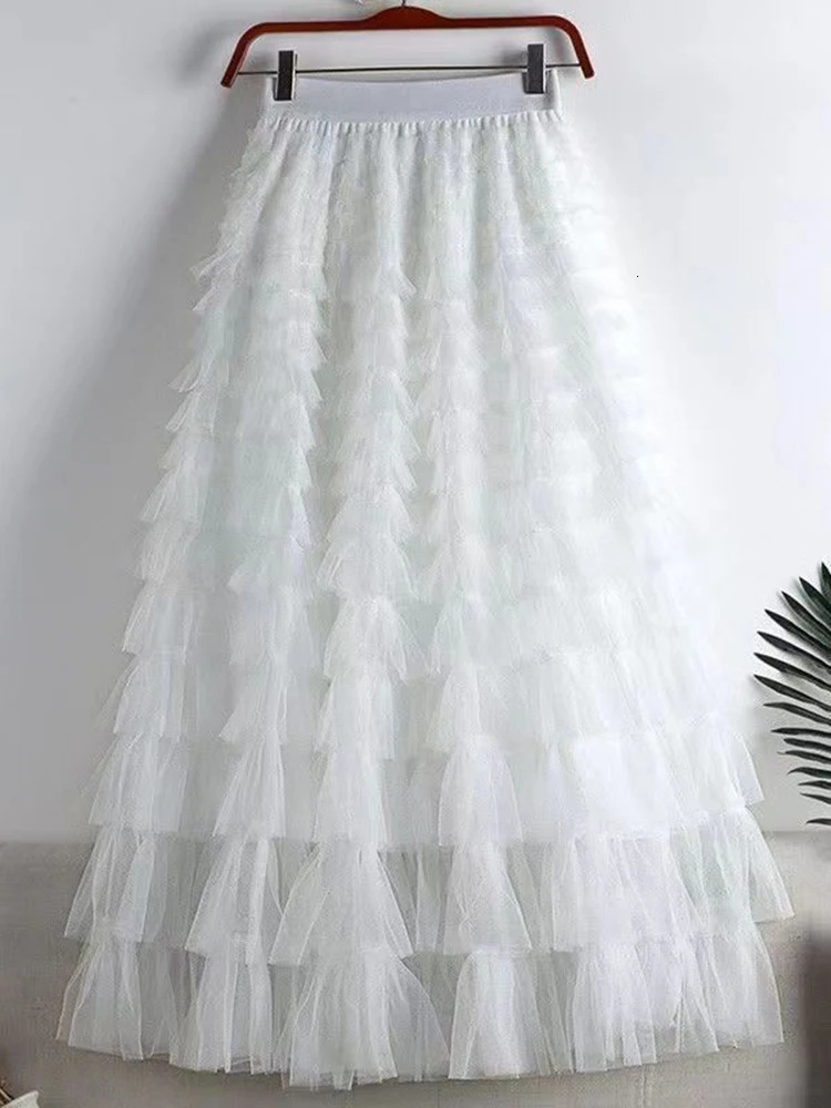 LANMREM Fashion Mesh Skirt Women High Waist Aline Gauze Spliced Solid Color Loose Skirts Versatile Spring 2AA4000 250213