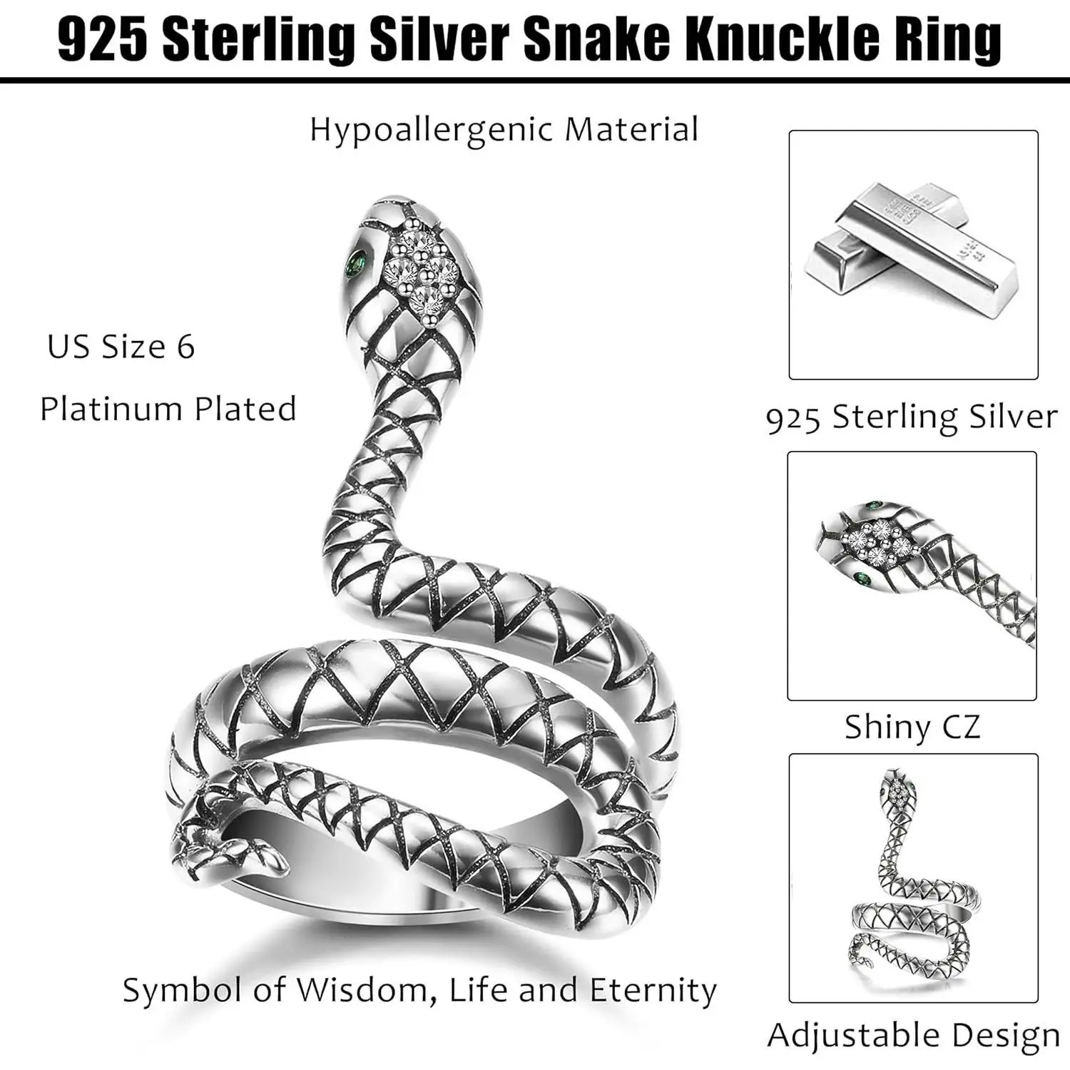 Fansilver S925 Sterling Silver Snake Ring Stylish Ring for Women Vintage Punk Rings Adjustable Open CZ Snake Finger Ring Jewelry 250220