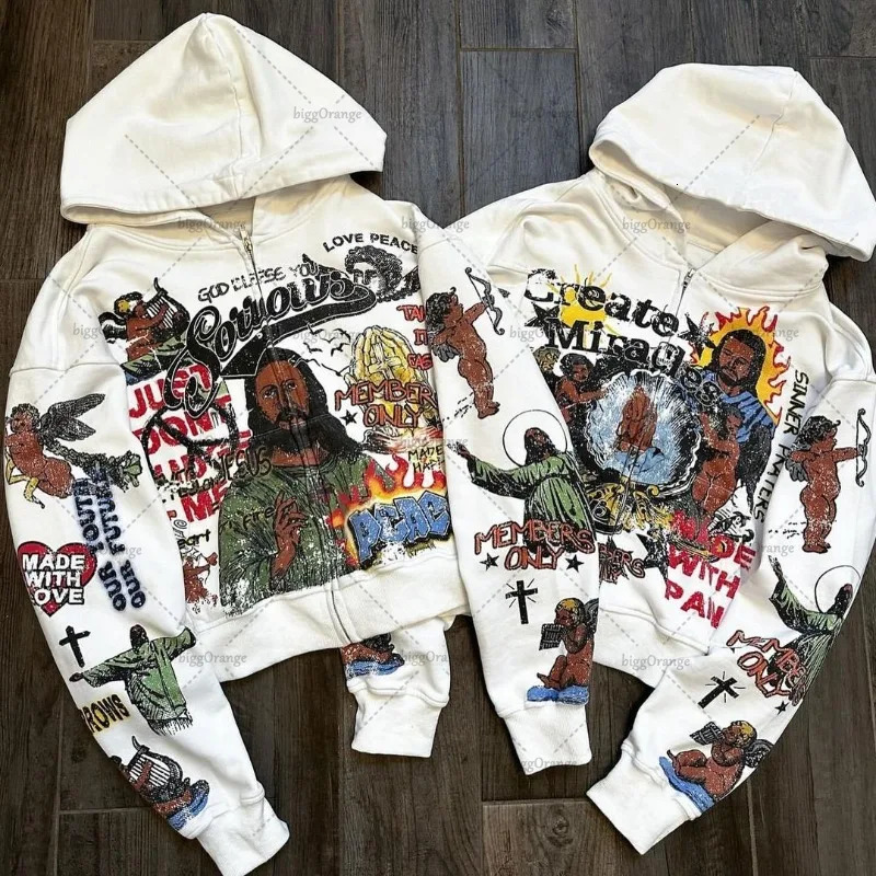 Gothic Punk Style Graphic Zipper Sweatshirt Harajuku Retro Street Cross Print Oversized Sweatshirt Men Trendy Loose Jacket 250214