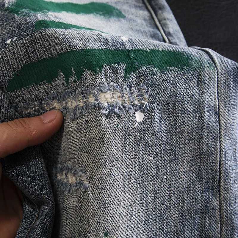 Spring and summer tear patches ink splatter graffiti painting points fashionable mens slim fit elastic high street personalized fashion pants X250220
