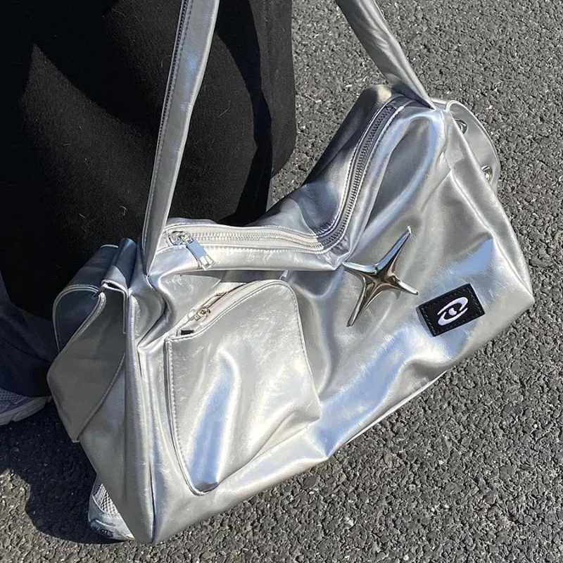 Sier Y2k Tote Bags for Wen Ahetic Luxury Designer Large Capacity Shoder Bag Cmuter Pu Leather Shopper Handbag Y250321