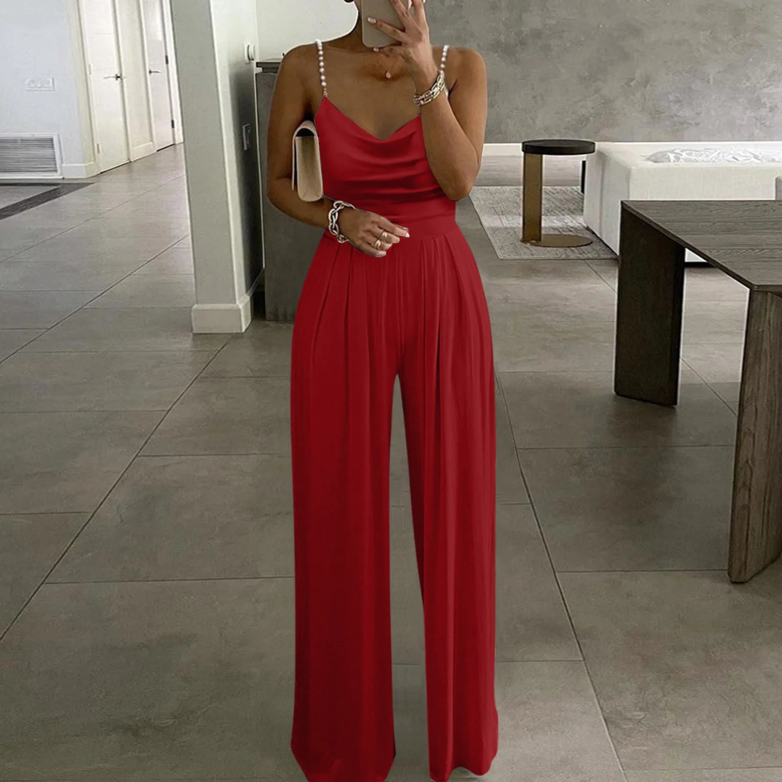 Womens Party Sexy Spaghetti Strap Jumpsuits Fashion Pile Neck Pearl Bandage Rompers Female Wide Leg Pant Overalls 250220