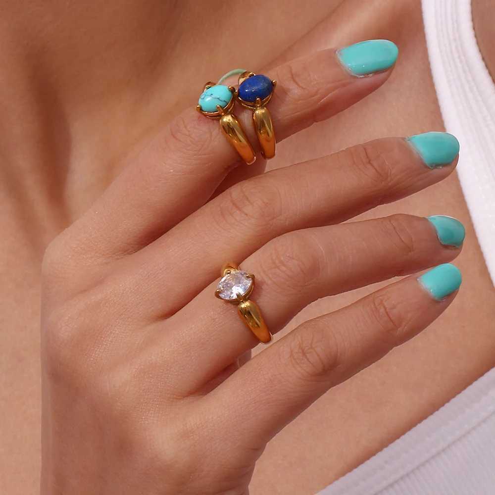E.B. Luxury Stainless Steel Gold Plated Natural Stone Laips Turquoise Cubic Zirconia Rings For Wen stainless steel ring X250220